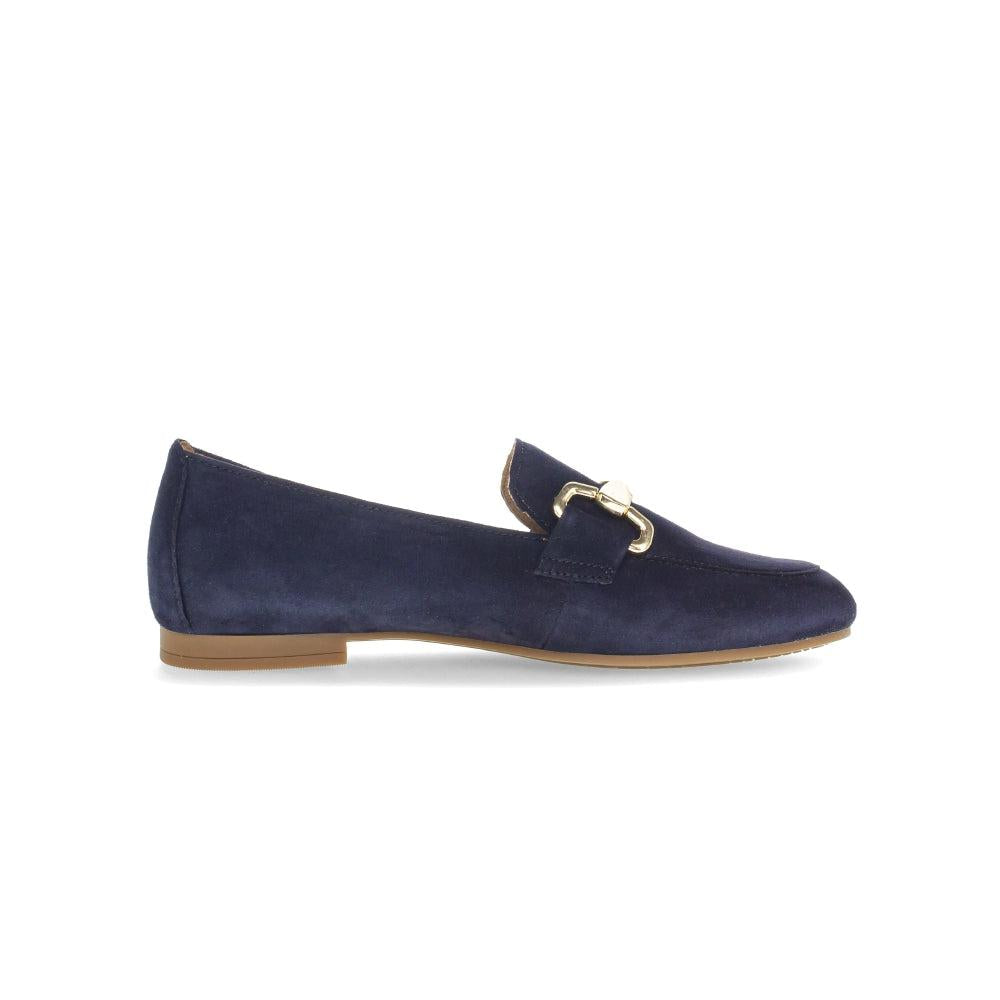 Gabor women's dark blue suede slip-on loafers with gold buckle detail and flat sole.