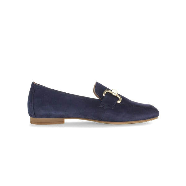 Gabor women's dark blue suede slip-on loafers with gold buckle detail and flat sole.