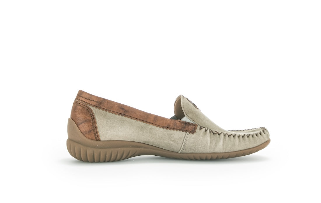 Gabor California Ladies Grey Suede Slip-On Shoes with cushioned sole and contrasting brown heel details.