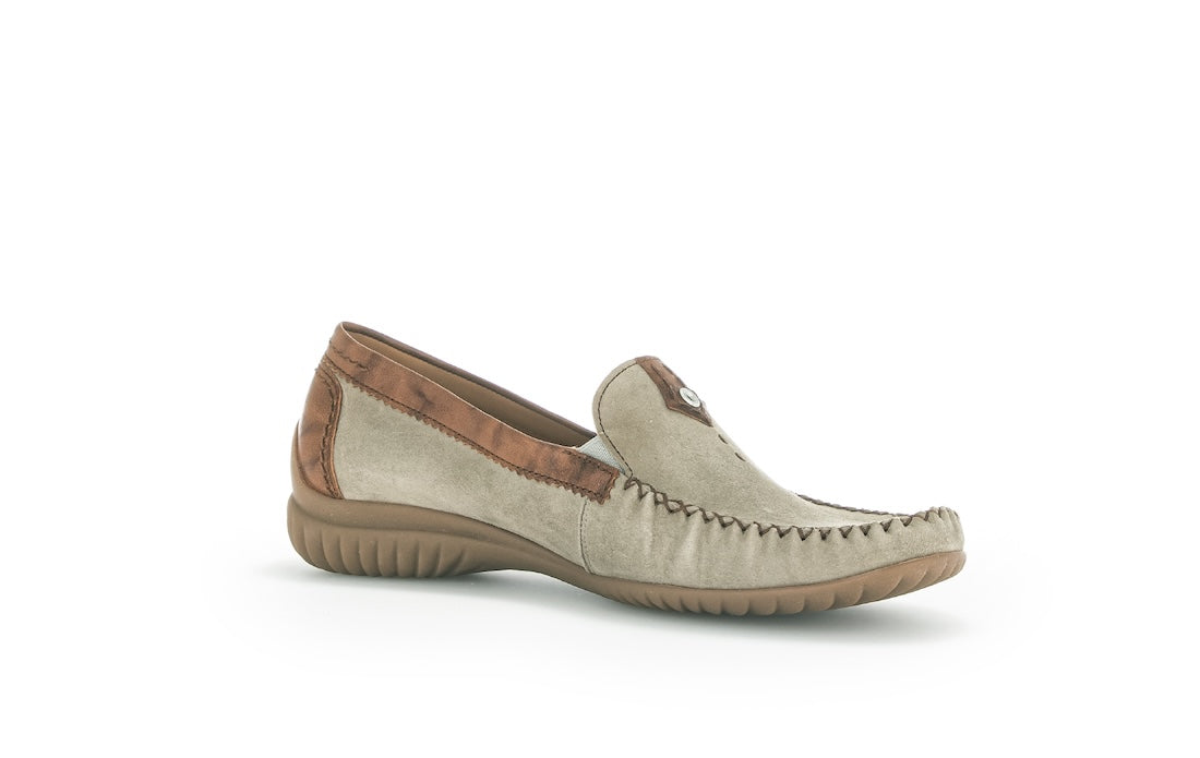 Gabor California Ladies Grey Suede Slip-On Shoes, stylish comfort footwear with stitched detailing and flexible sole.