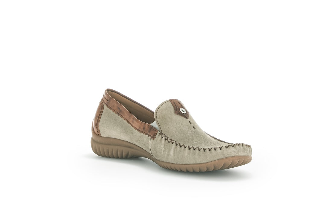 Gabor California Ladies Grey Suede Slip-On Shoes with Brown Trim and Comfortable Rubber Sole