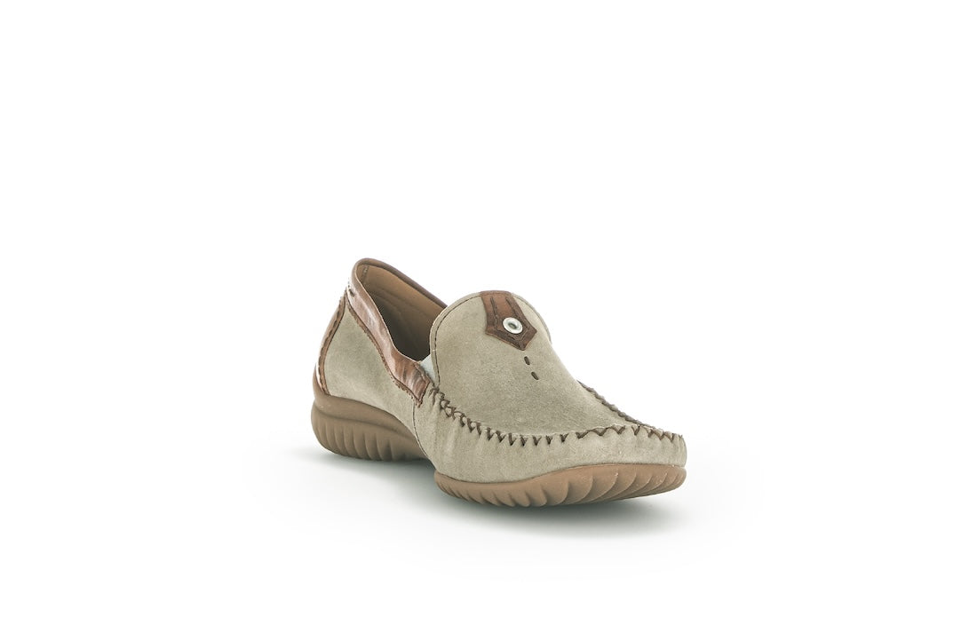 Gabor California Ladies Grey Suede Slip-On Shoes with a rounded toe and flexible tan sole.