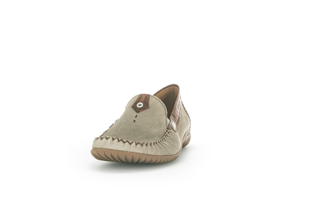 Gabor California Ladies Grey Suede Slip-On Shoes with rounded toe and elastic side panels.