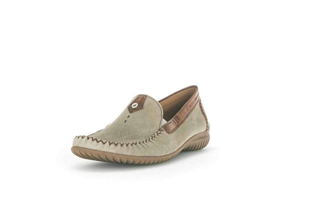 Gabor California Ladies Grey Suede Slip-On Shoes with brown accents and textured sole.