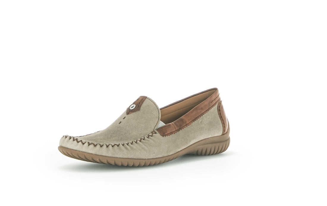 Gabor California Ladies Grey Suede Slip-On Shoes with brown accents and comfortable rubber sole.
