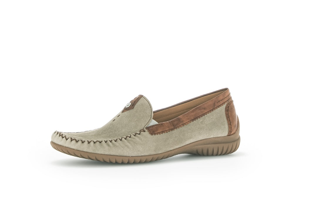 Gabor California Ladies Grey Suede Slip-On Shoes with brown accents and flexible rubber sole.