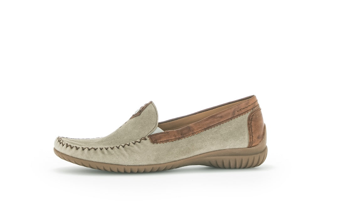 Gabor Ladies Grey Suede Slip-On Shoes with brown accents, cushioned sole, and casual, comfortable design.