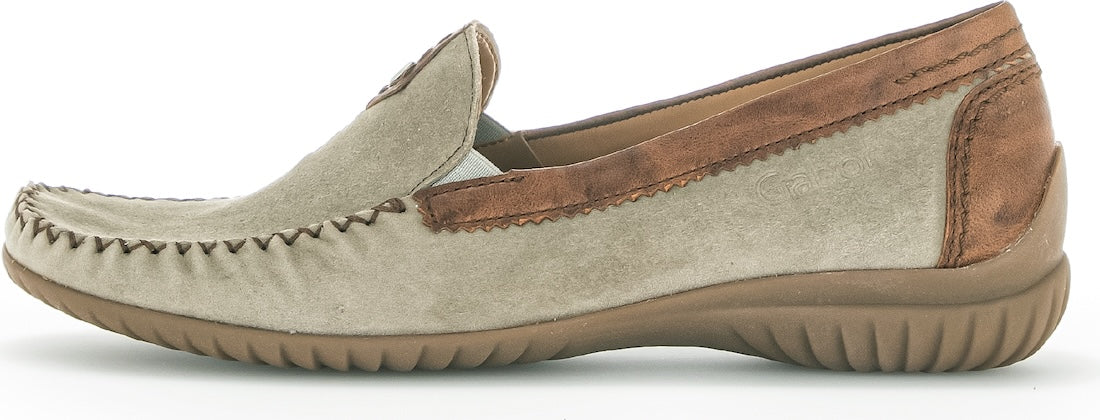 Gabor California Ladies Grey Suede Slip-On Shoes with brown leather accents and flexible rubber sole.
