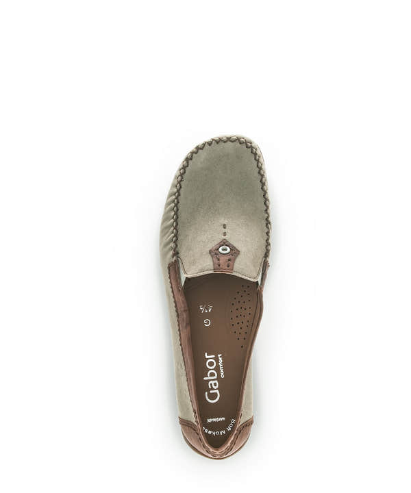 Gabor California Ladies Grey Suede Slip-On Shoes with brown accents and stitched detailing, size 6/7.