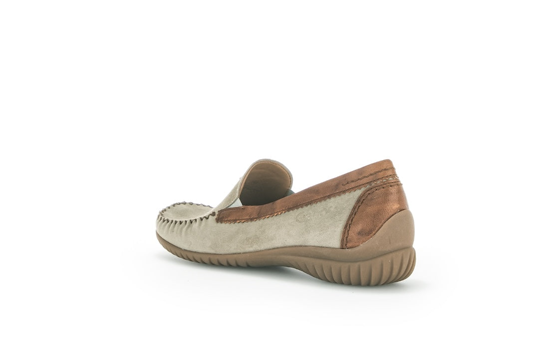 Gabor California Ladies Grey Suede Slip-On Shoes with cushioned sole and contrasting heel detail.