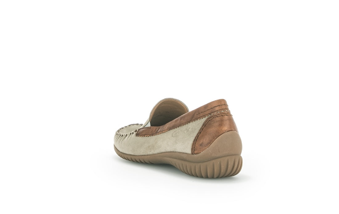 Gabor California Ladies Grey Suede Slip-On Shoes with brown leather accents and rubber sole.