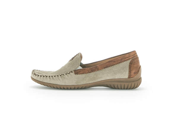 Gabor California Ladies Grey Suede Slip-On Shoes with brown accents and textured rubber sole.