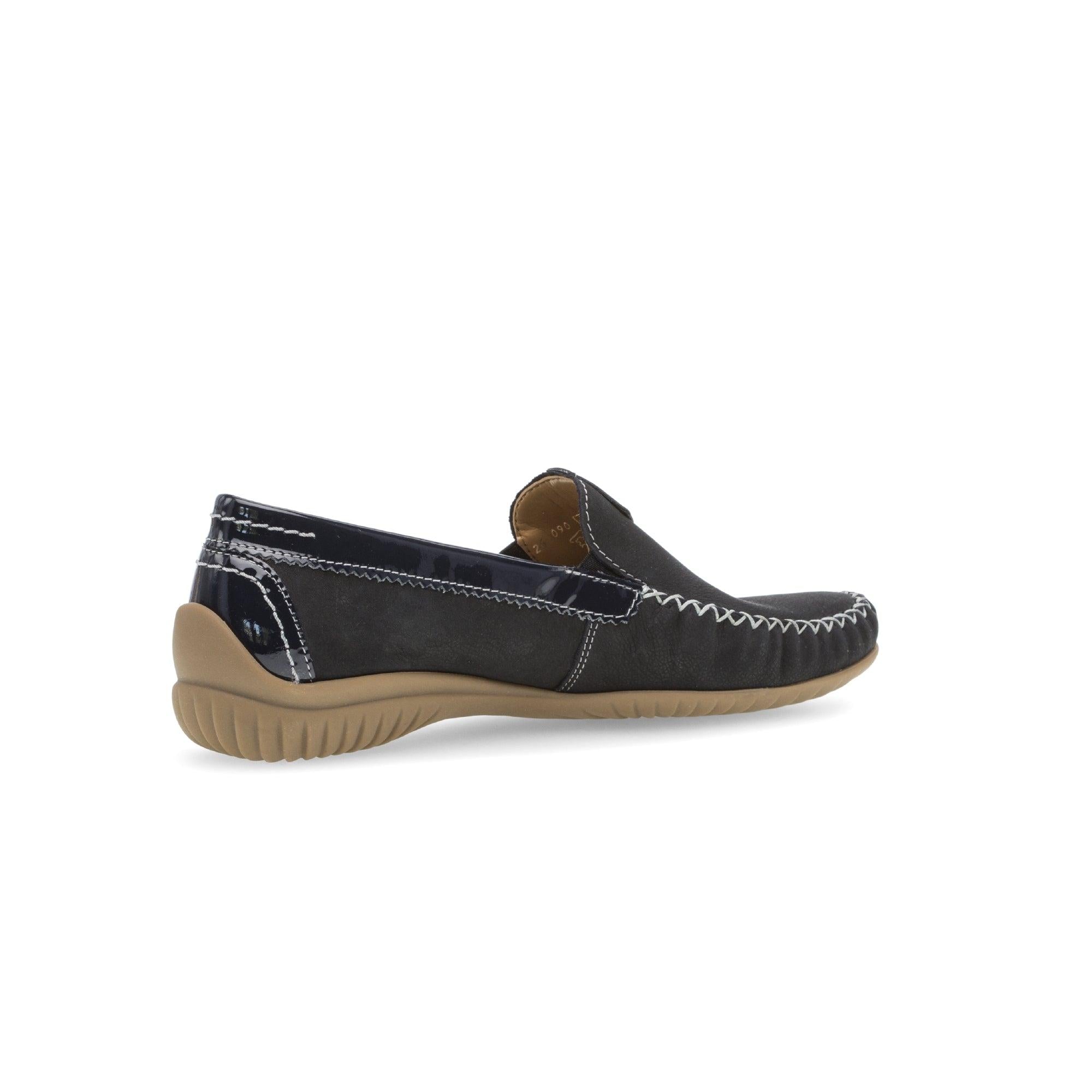 Gabor California Ladies Dark Blue Nubuck Slip-On Shoes with tan sole, casual and comfortable design.