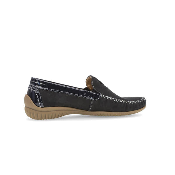 Gabor California Ladies Dark Blue Nubuck Slip-On Shoes with white stitching and tan rubber sole.