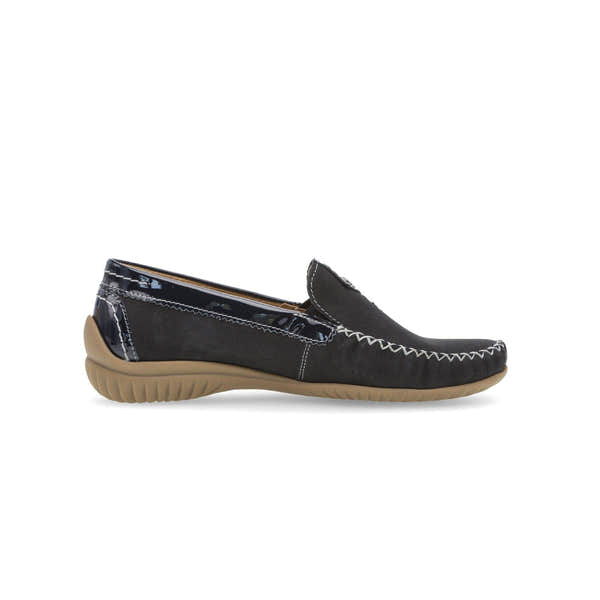 Gabor California Ladies Dark Blue Nubuck Slip-On Shoes with contrasting stitching and tan rubber sole.