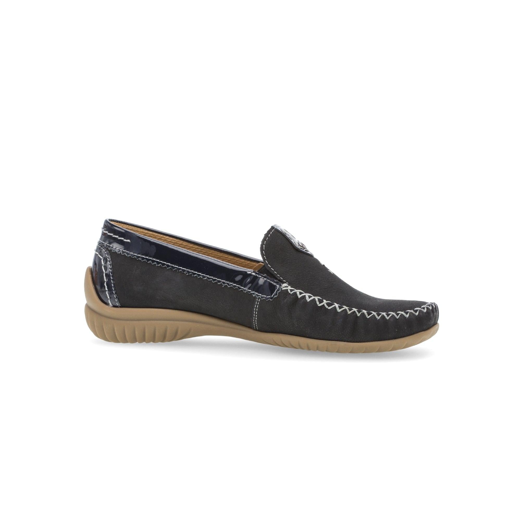 Gabor California Ladies Dark Blue Nubuck Slip-On Shoes with beige rubber soles and white stitching accents.