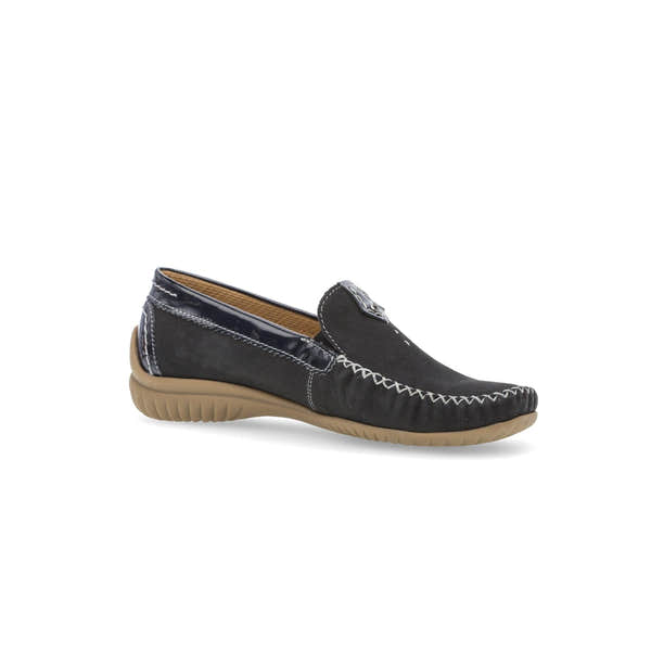 Gabor California Ladies' Dark Blue Nubuck Slip-On Shoes with stitching detail and beige rubber sole.