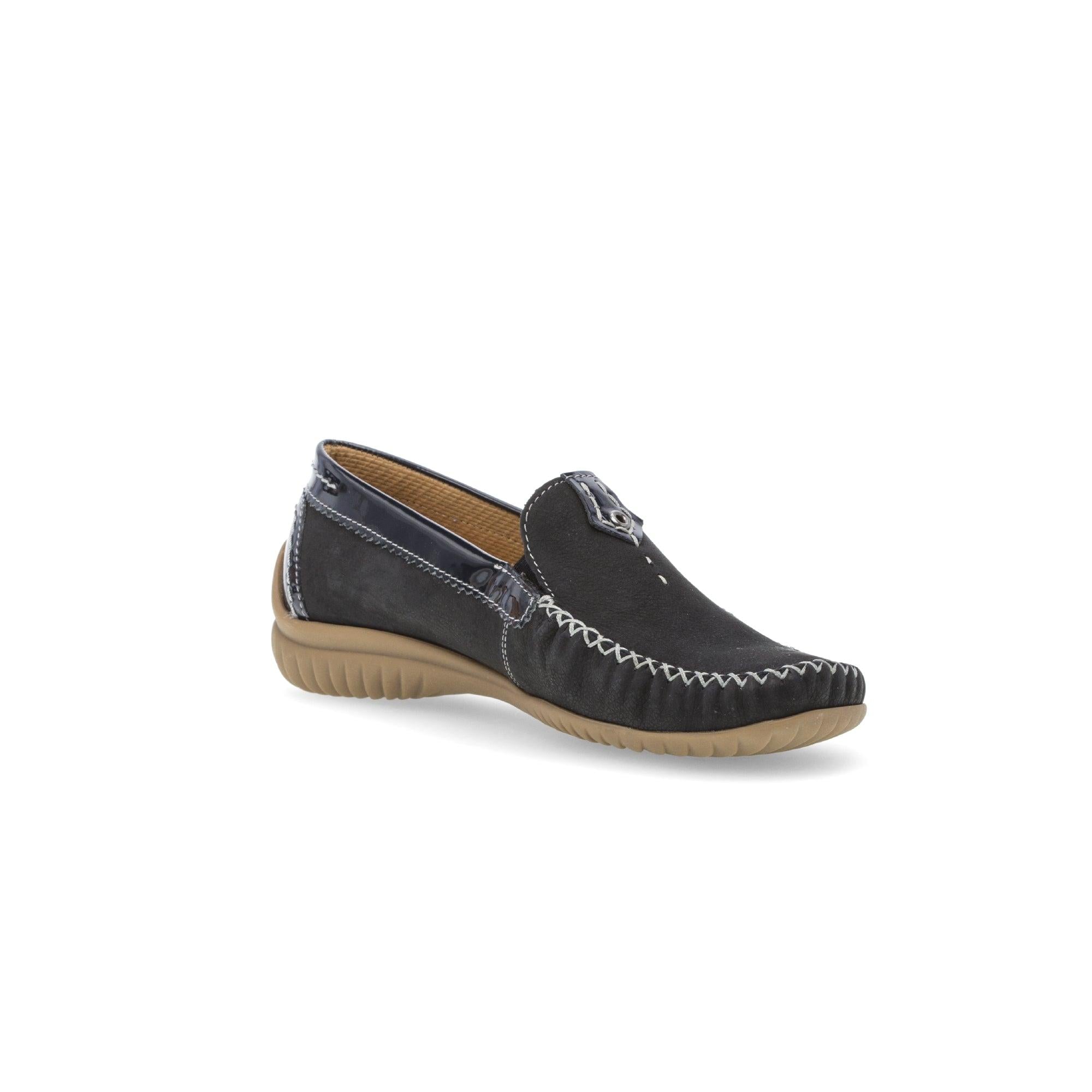 Gabor California Ladies Dark Blue Nubuck Slip-On Shoes with contrasting stitching and beige sole.