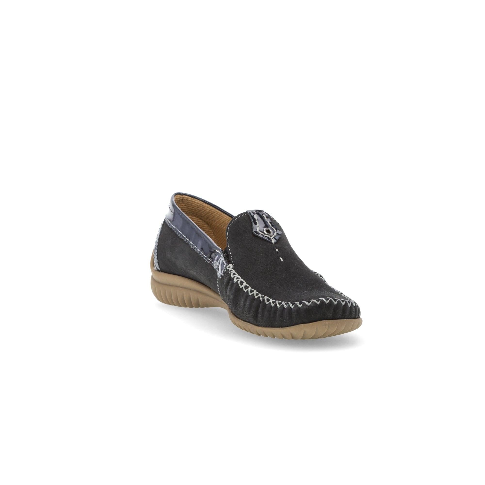 Gabor California Ladies Dark Blue Nubuck Slip-On Shoes with contrasting white stitching and beige rubber soles.