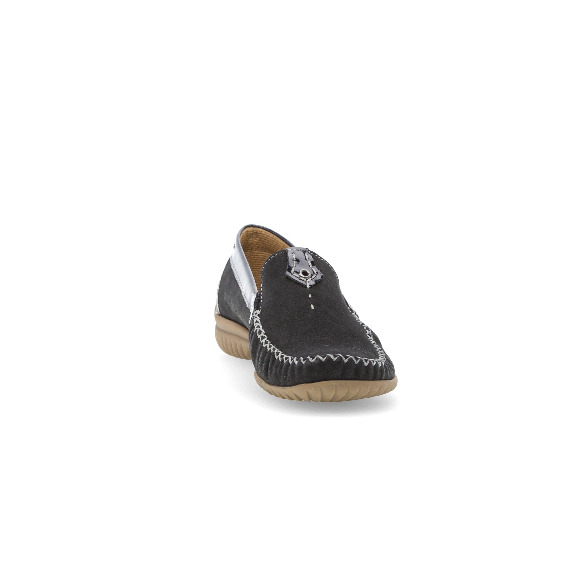 Gabor California Ladies Dark Blue Nubuck Slip-On Shoes with contrasting stitching and beige sole.