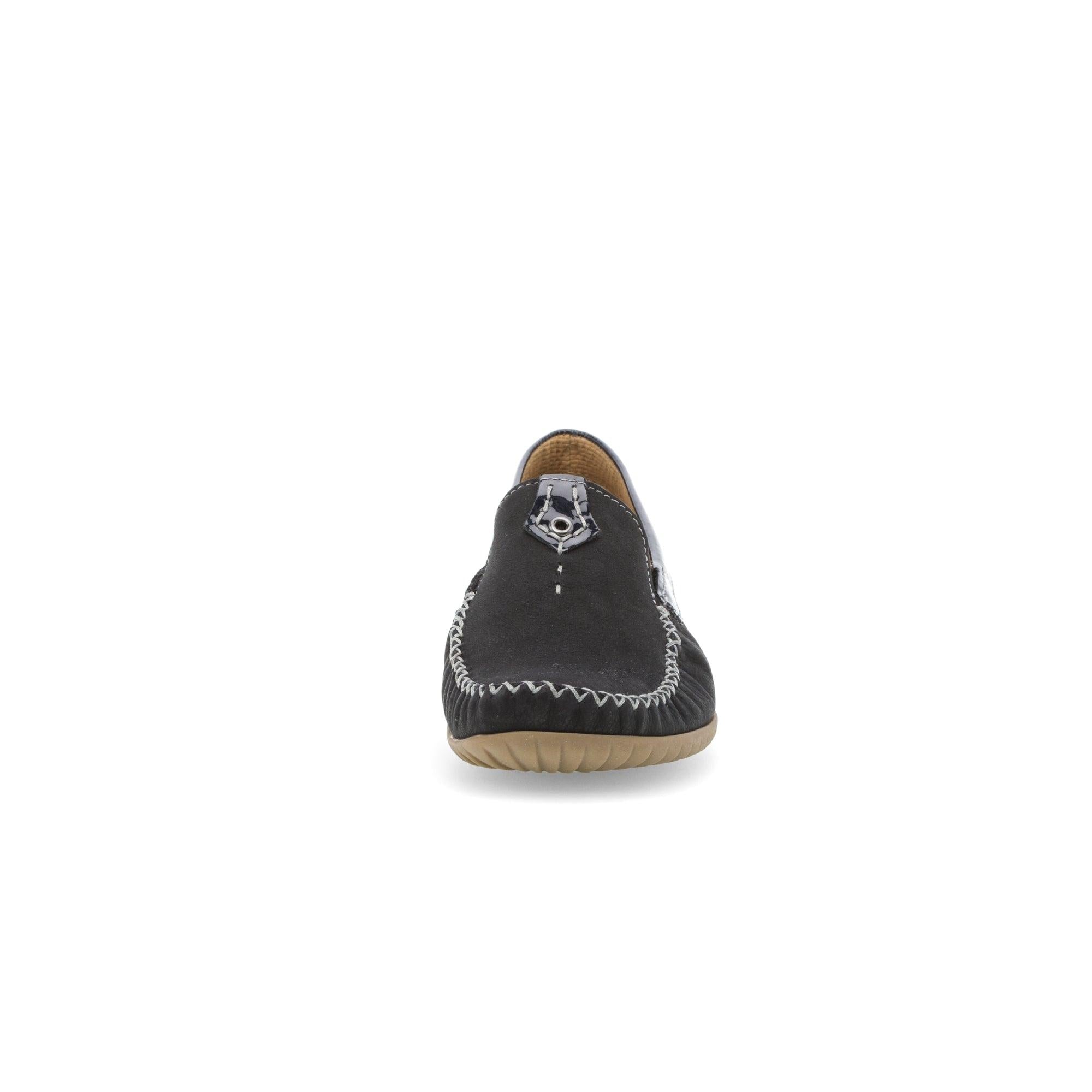 Gabor California Ladies Dark Blue Nubuck Slip-On Shoes with stitched detailing and beige sole.