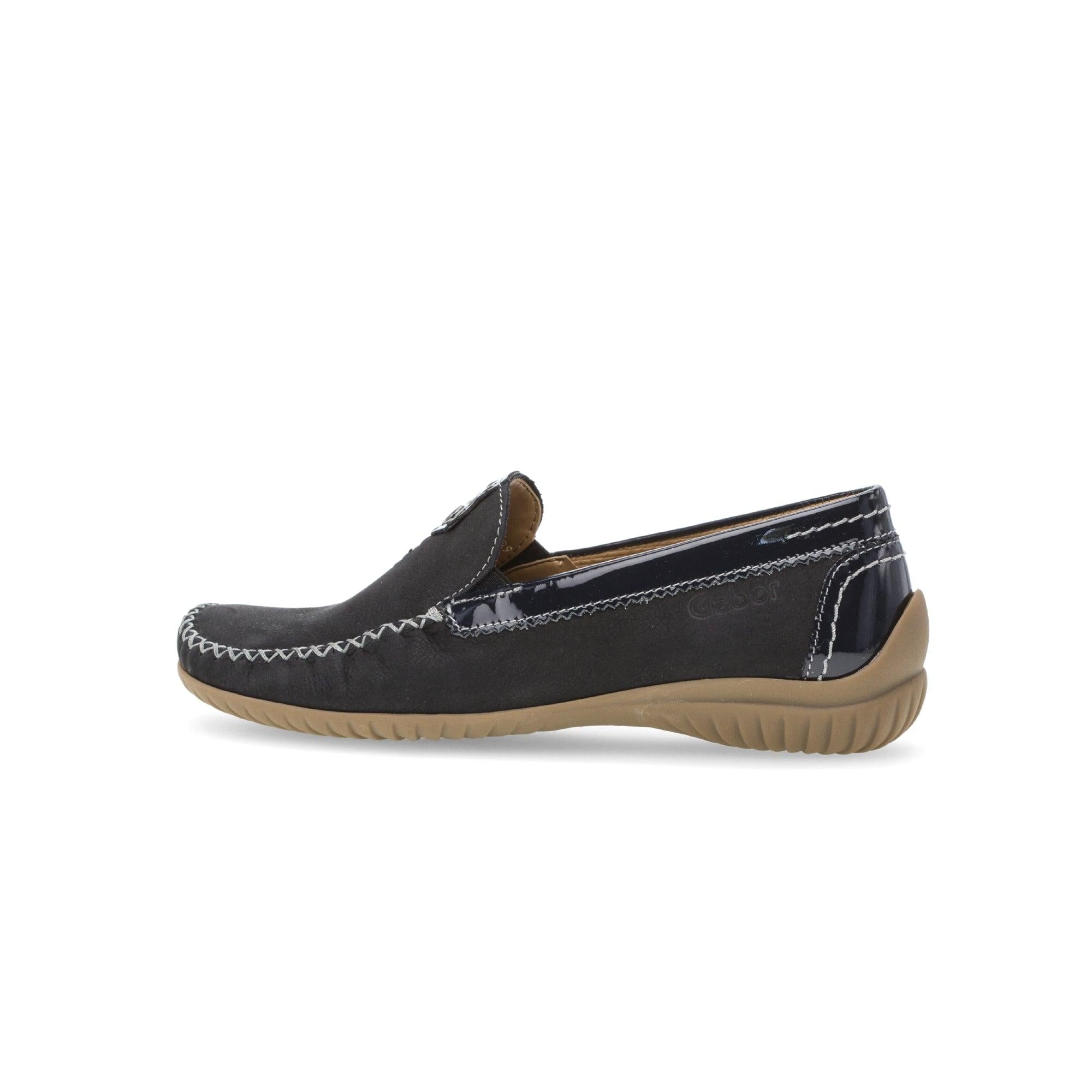 Gabor California Ladies Dark Blue Nubuck Slip-On Shoes with contrast stitching and tan rubber sole.