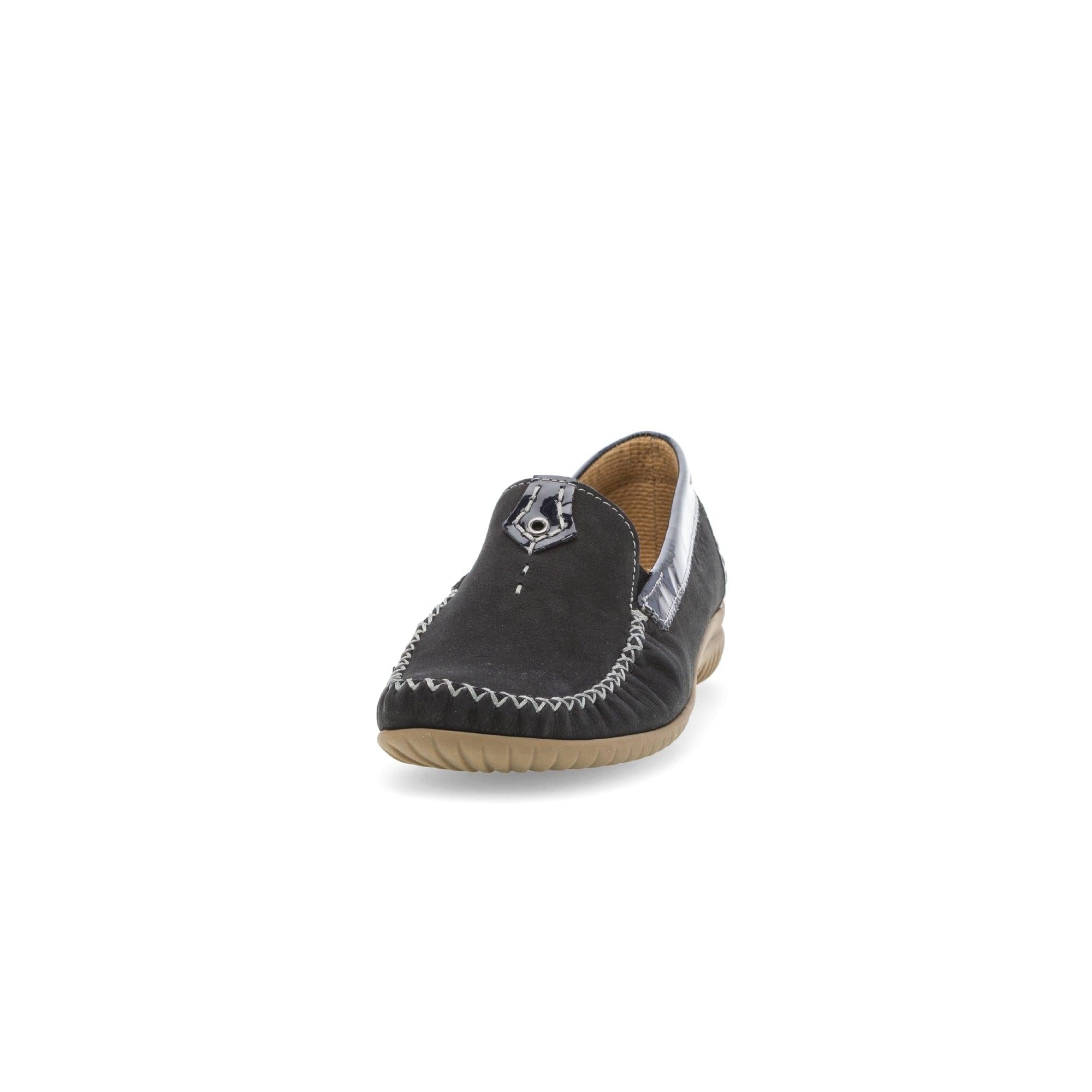 Gabor California Ladies Dark Blue Nubuck Slip-On Shoes with beige sole and stitching details.