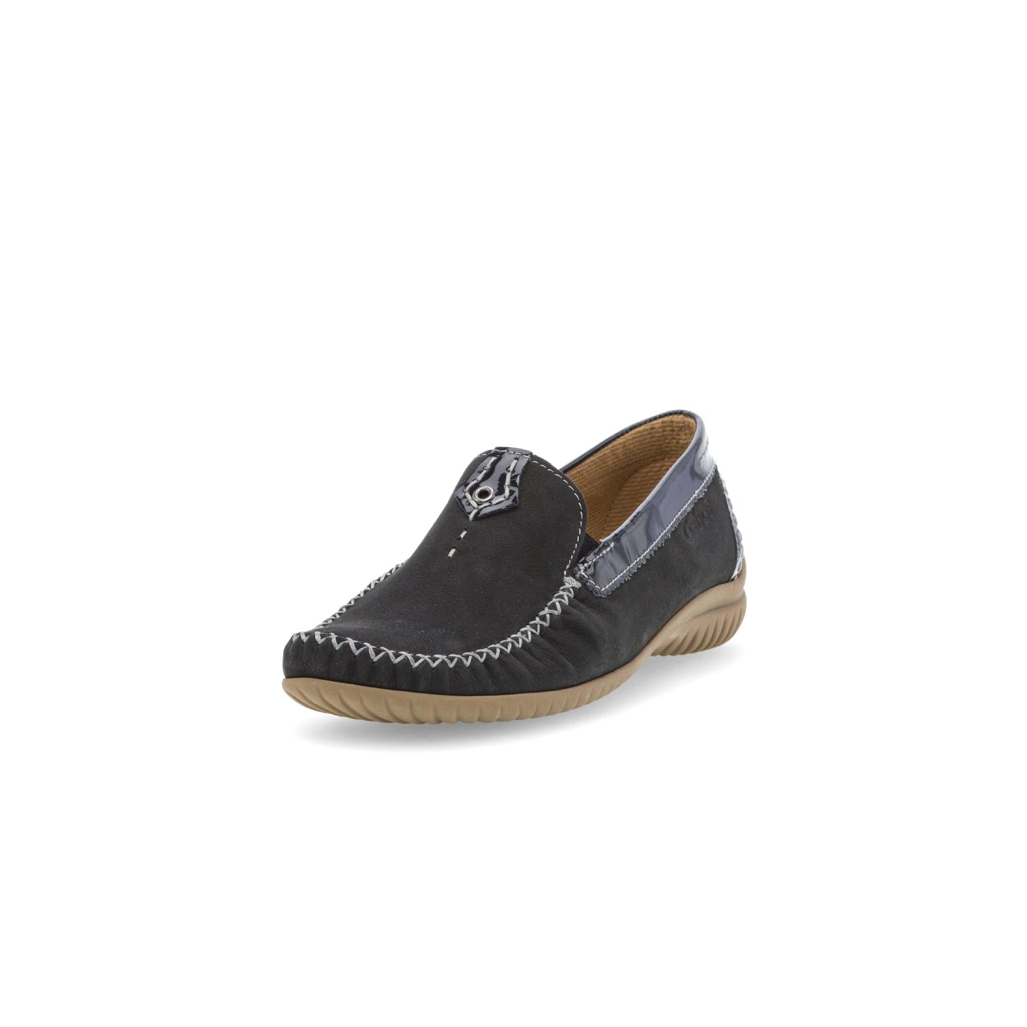 Gabor California Ladies Dark Blue Nubuck Slip-On Shoes with comfortable beige rubber sole.
