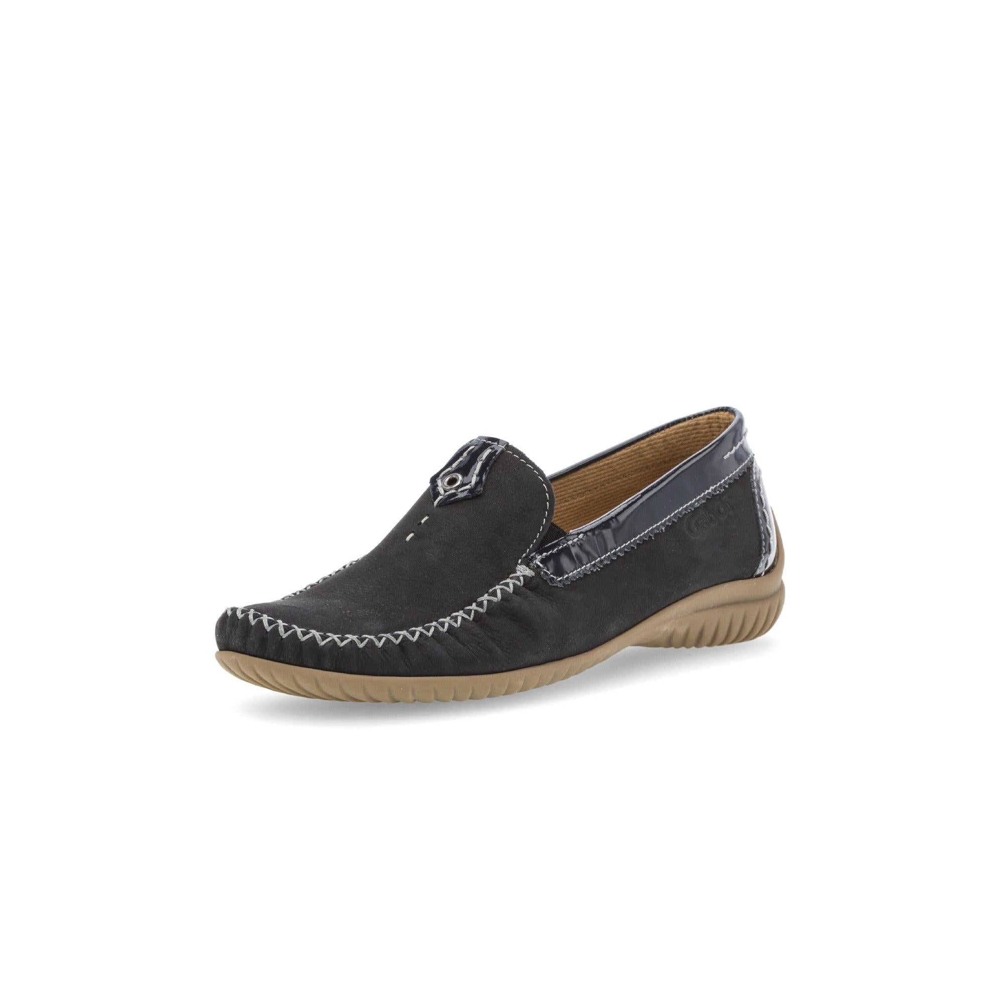 Gabor California Ladies Dark Blue Nubuck Slip-On Shoes with leather accents and beige rubber sole.