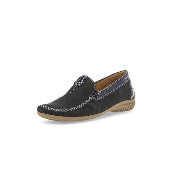 Gabor California Ladies Dark Blue Nubuck Slip-On Shoes with leather accents and beige rubber sole.