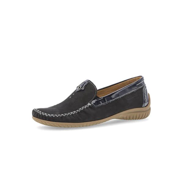 Gabor California Ladies Dark Blue Nubuck Slip-On Shoes with stitched detailing and tan rubber sole.