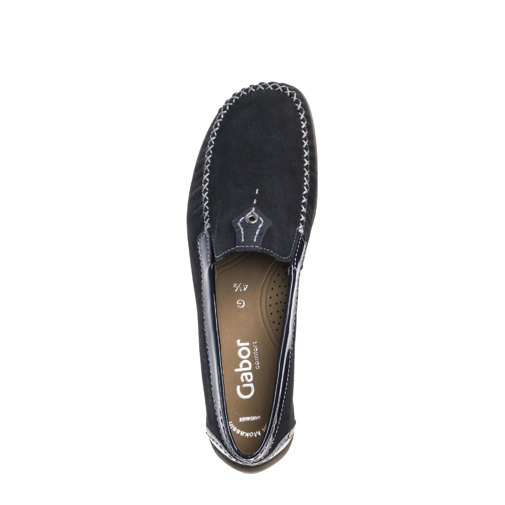 Gabor California Ladies Dark Blue Nubuck Slip-On Shoes, casual comfort footwear with stitching detail and cushioned insole.