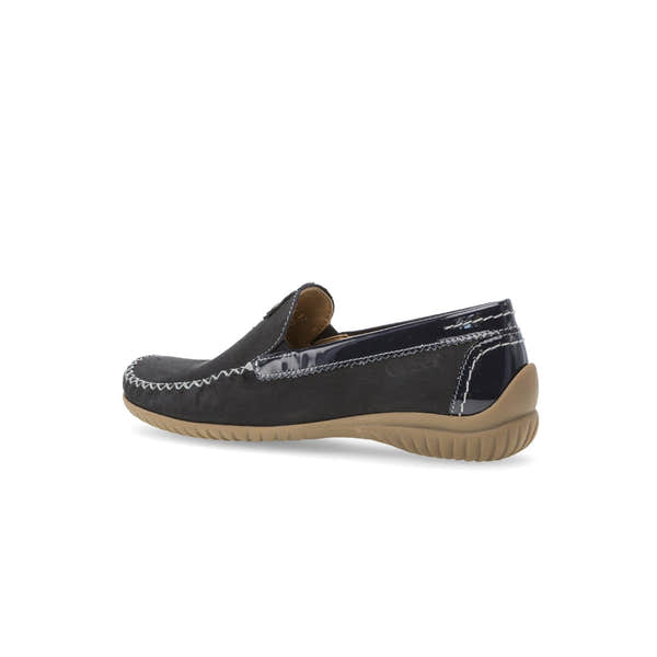 Gabor California Ladies Dark Blue Nubuck Slip-On Shoes with beige rubber sole and stitched detailing.
