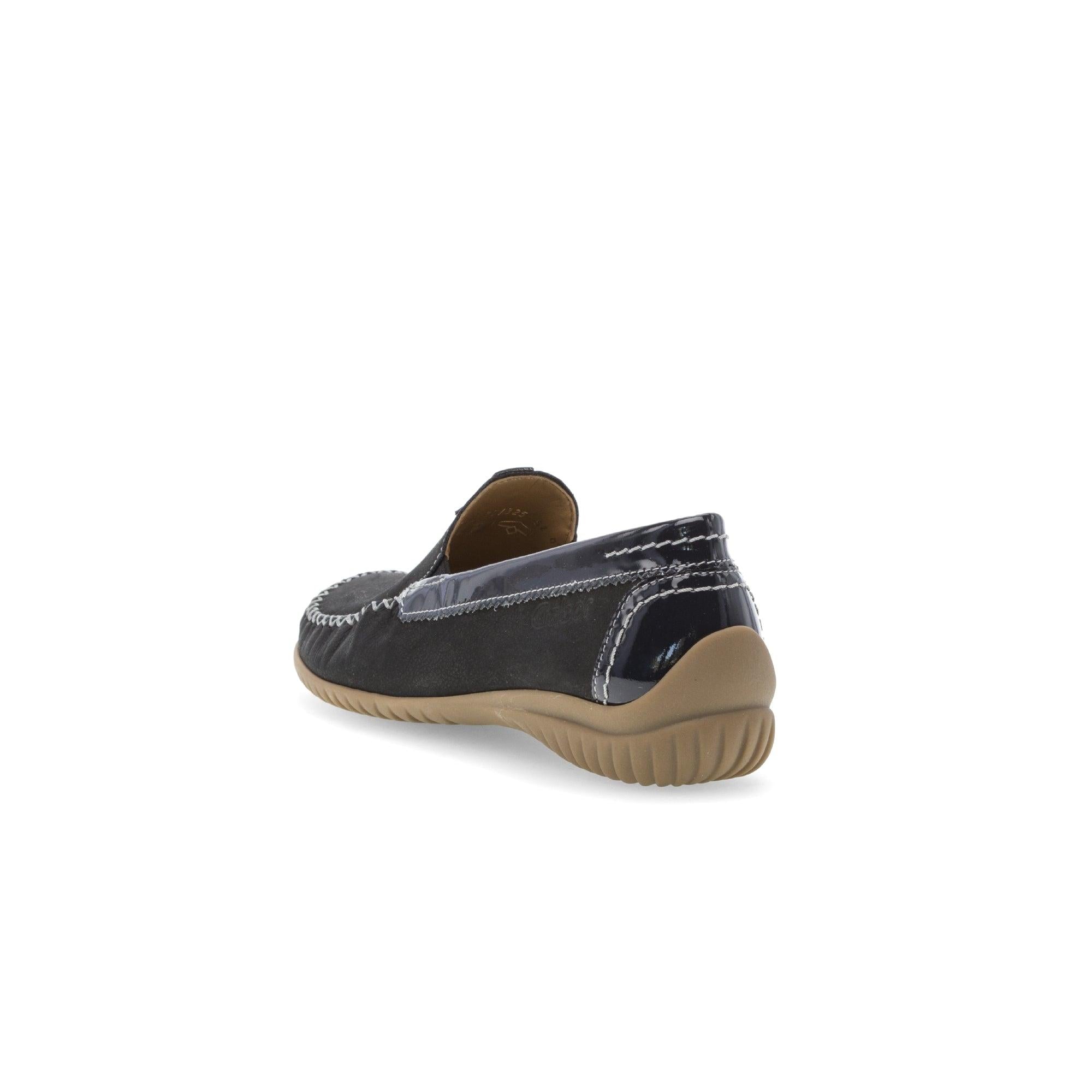 Gabor California Ladies Dark Blue Nubuck Slip-On Shoes with contrasting stitching and beige rubber sole.