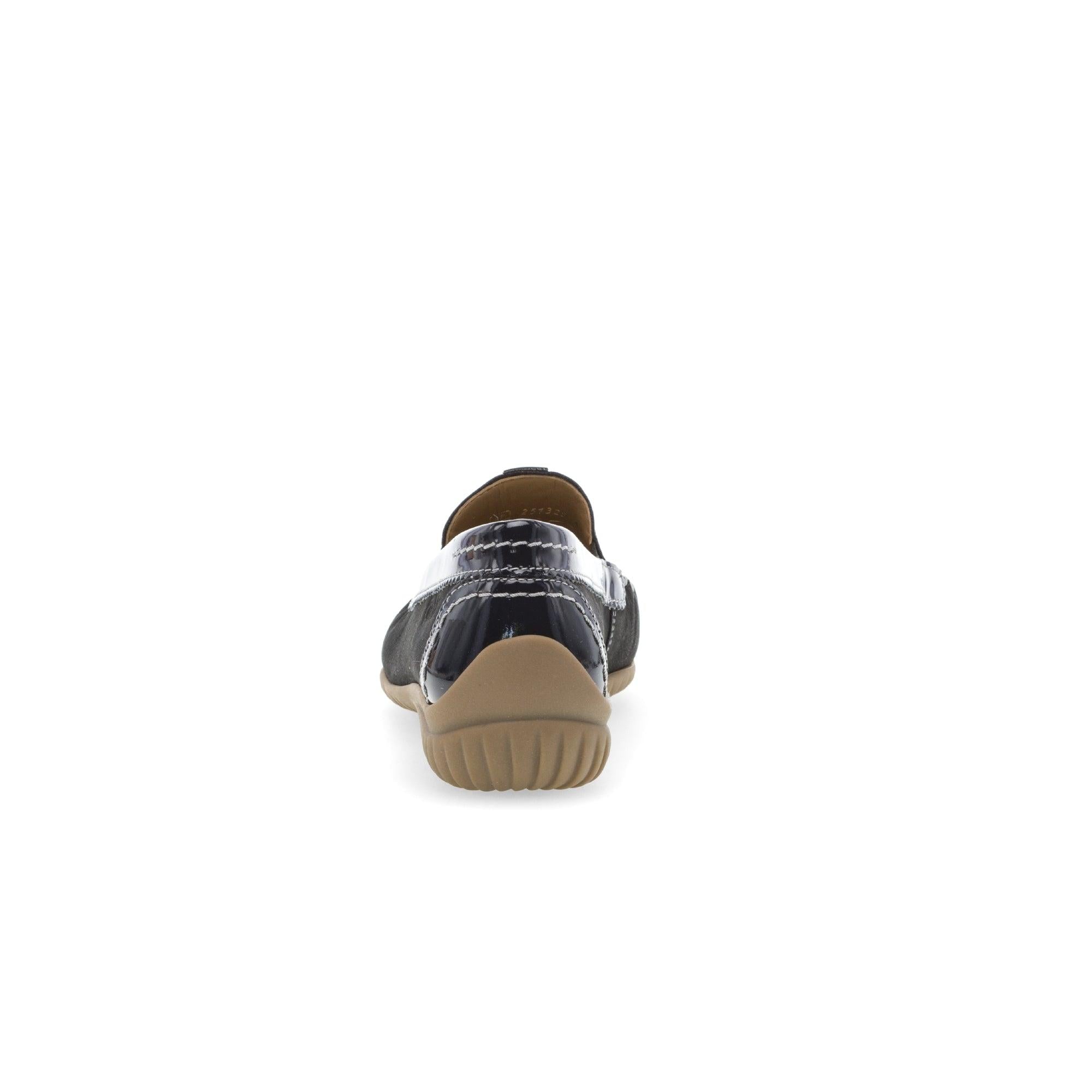 Gabor California Ladies Dark Blue Nubuck Slip-On Shoes with beige rubber sole, rear view.