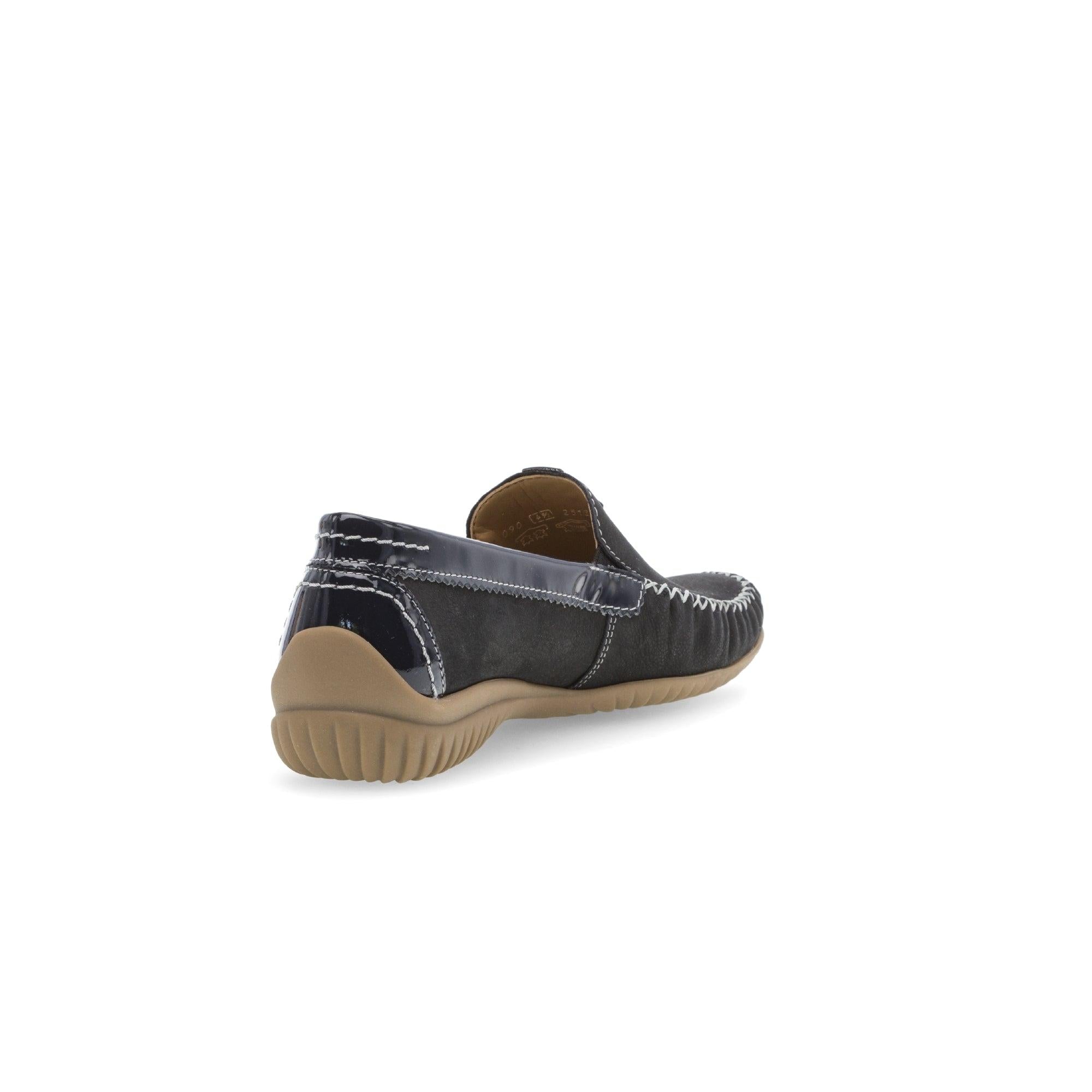 Gabor California Ladies Dark Blue Nubuck Slip-On Shoes with tan rubber sole and contrasting stitch details.