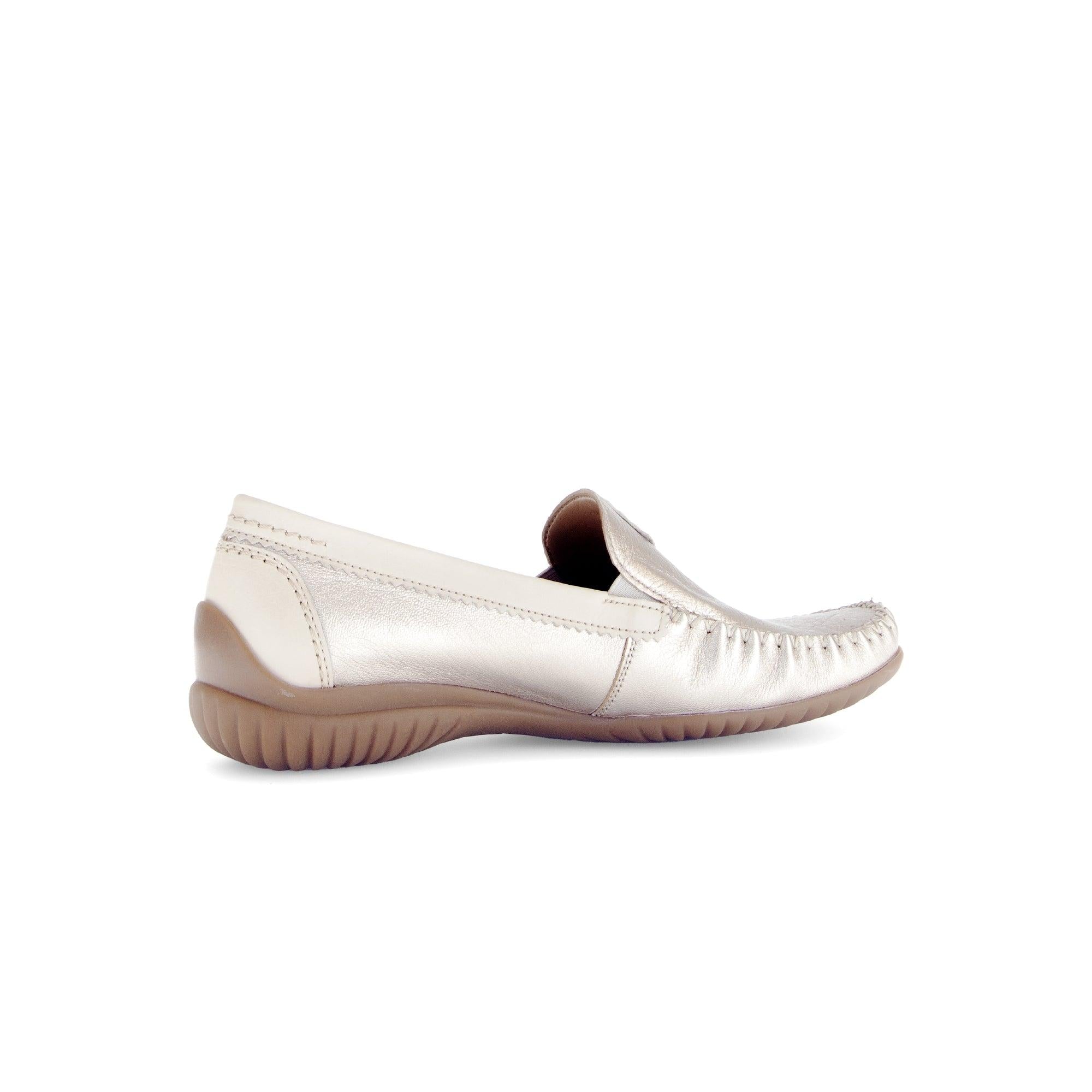 Gabor California Ladies Beige Gold Leather Slip-On Shoes with cushioned sole and moccasin-style design.