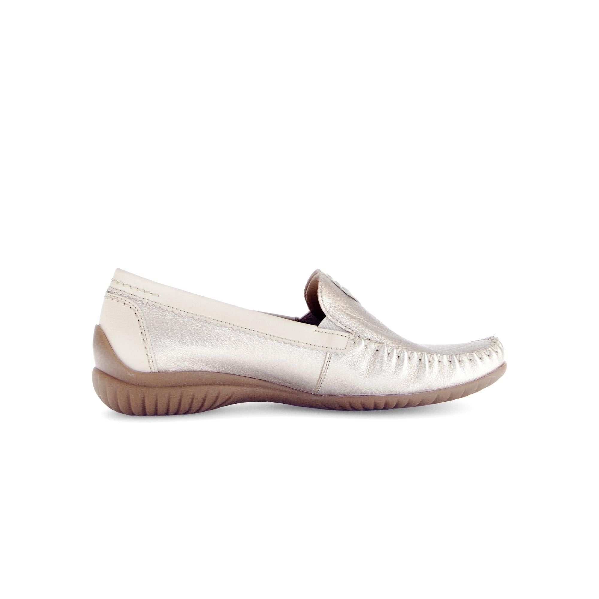 Gabor California Ladies Slip-On Shoes in Beige Gold Leather with cushioned sole and casual design.