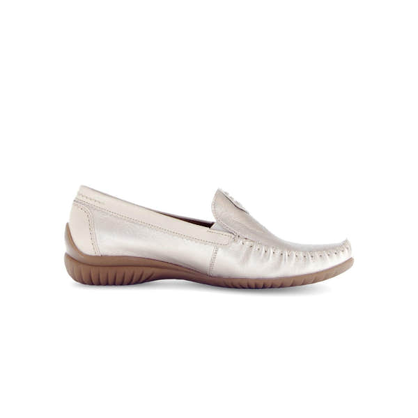 Gabor California Ladies Beige Gold Leather Slip-On Shoes with a cushioned sole and moccasin-style design.