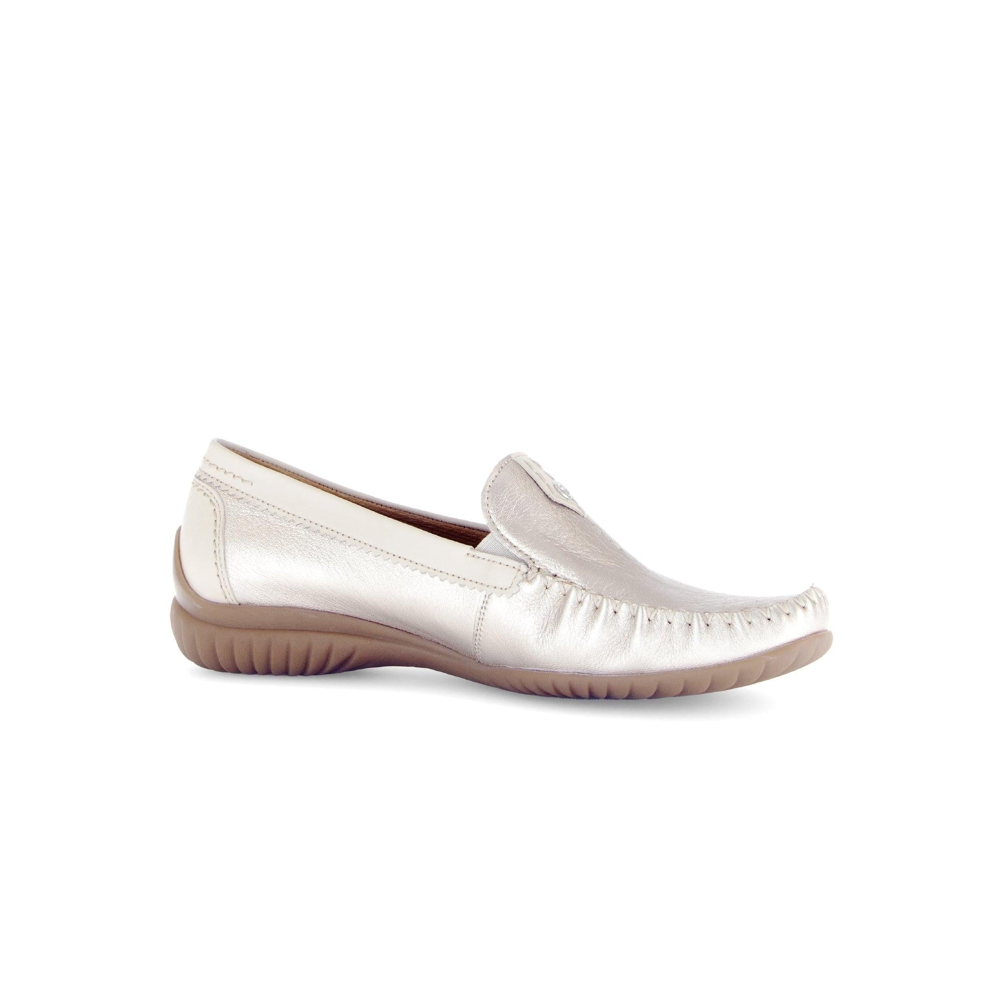 Gabor California Ladies Slip-On Shoes in beige and gold leather with cushioned sole and moccasin-style design.