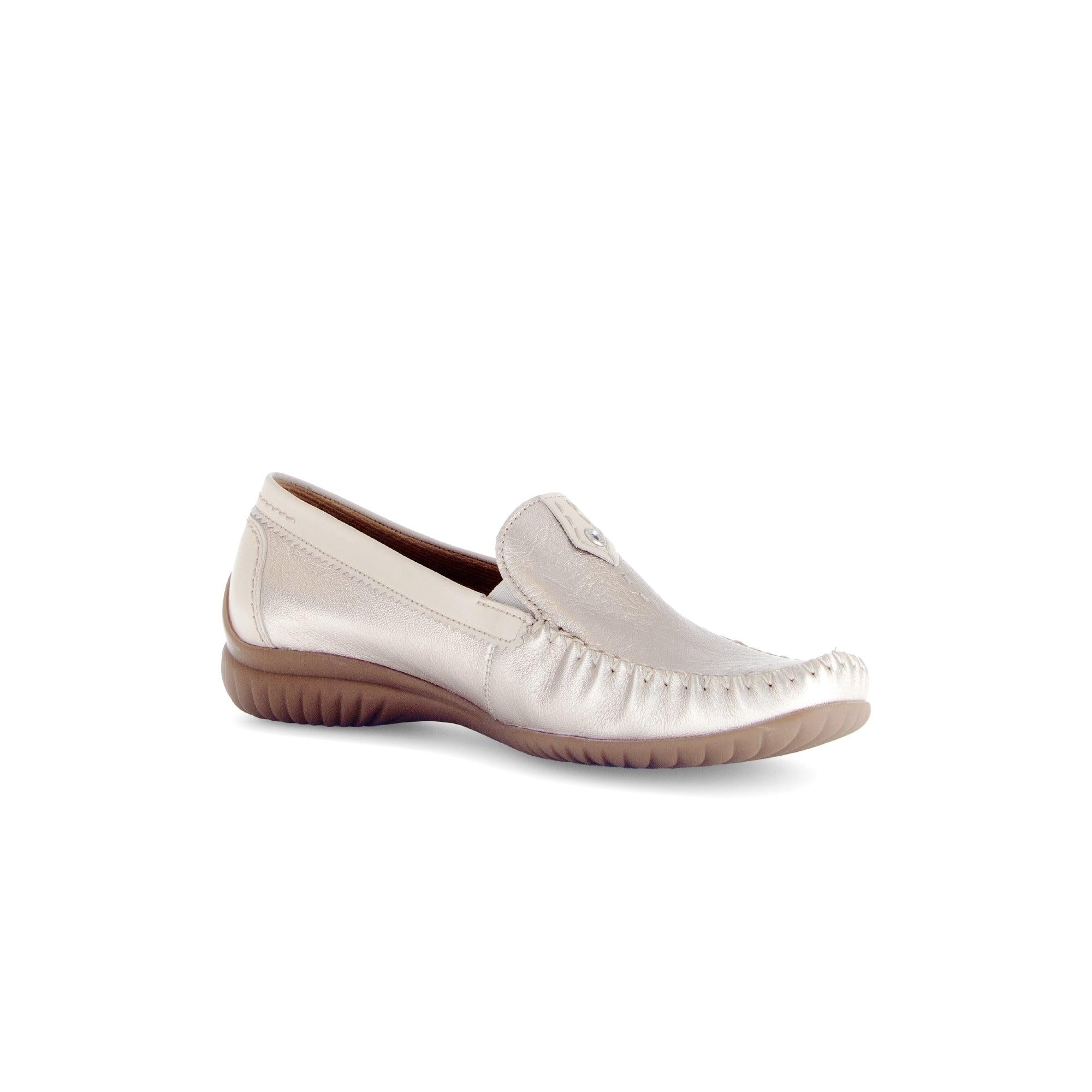 Gabor California Ladies Beige Gold Leather Slip-On Shoes with cushioned sole and rounded toe, casual comfort footwear.