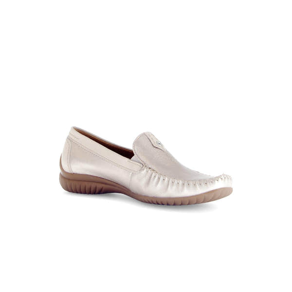 Gabor California Ladies Beige Gold Leather Slip-On Shoes with cushioned sole and rounded toe, casual comfort footwear.