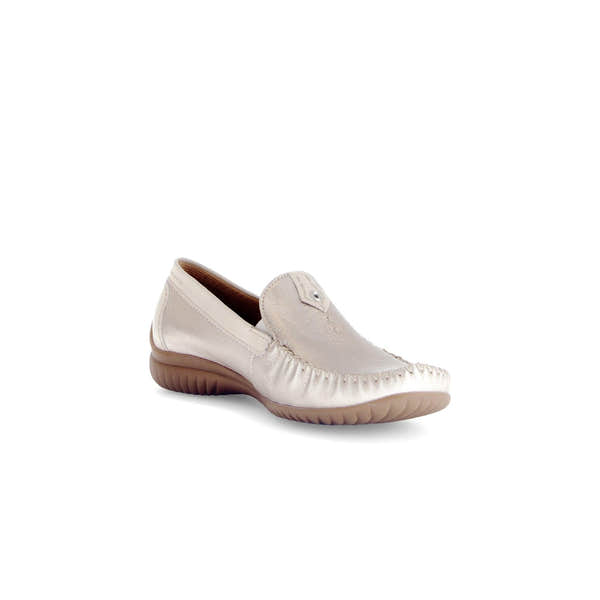 Gabor California Ladies Beige Gold Leather Slip-On Shoes with cushioned sole and textured outsole.