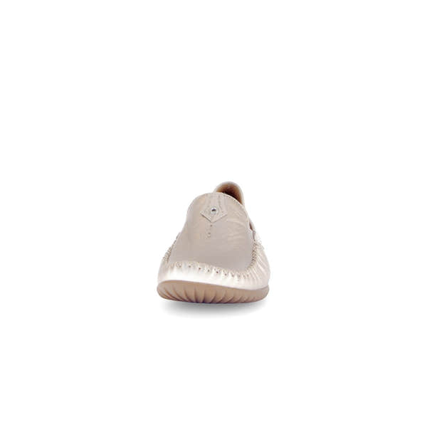Gabor California Ladies Beige Gold Leather Slip-On Shoes with rounded toe and elasticized side detail.