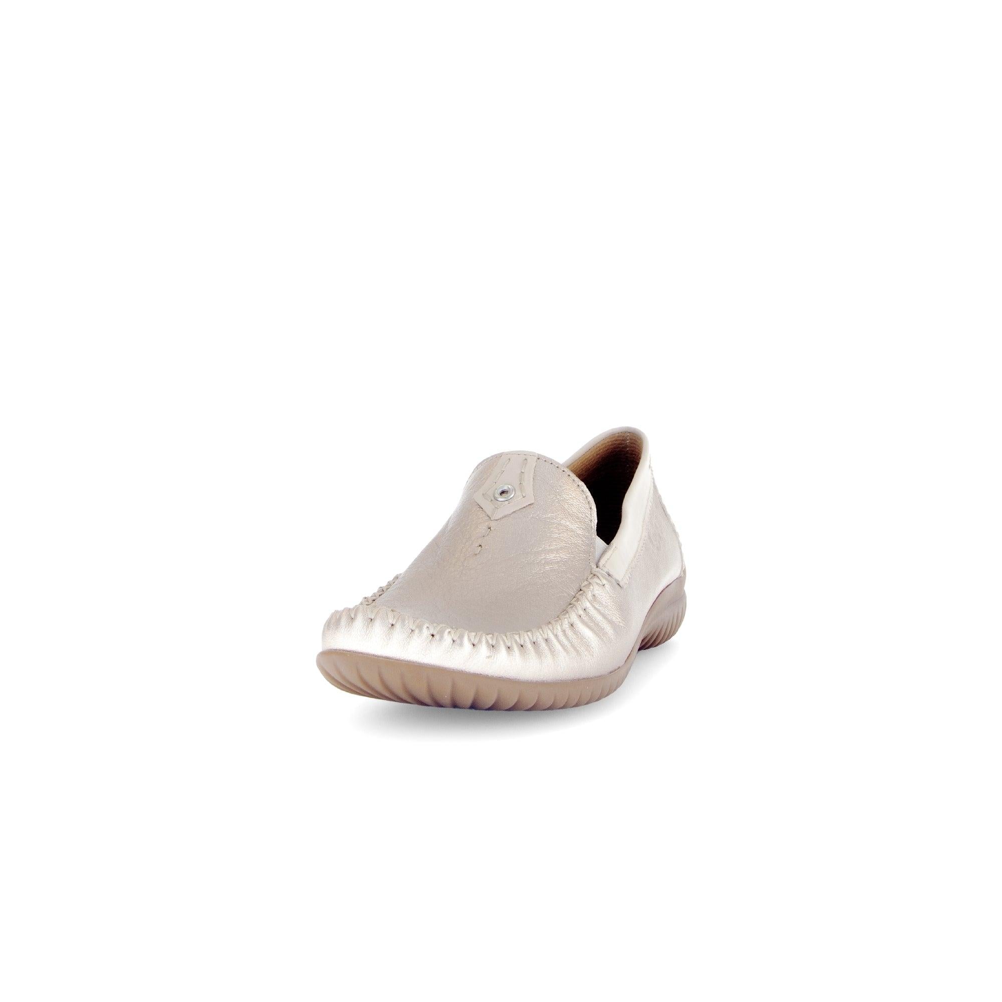 Gabor California Ladies Beige Gold Leather Slip-On Shoes with rounded toe and textured outsole.
