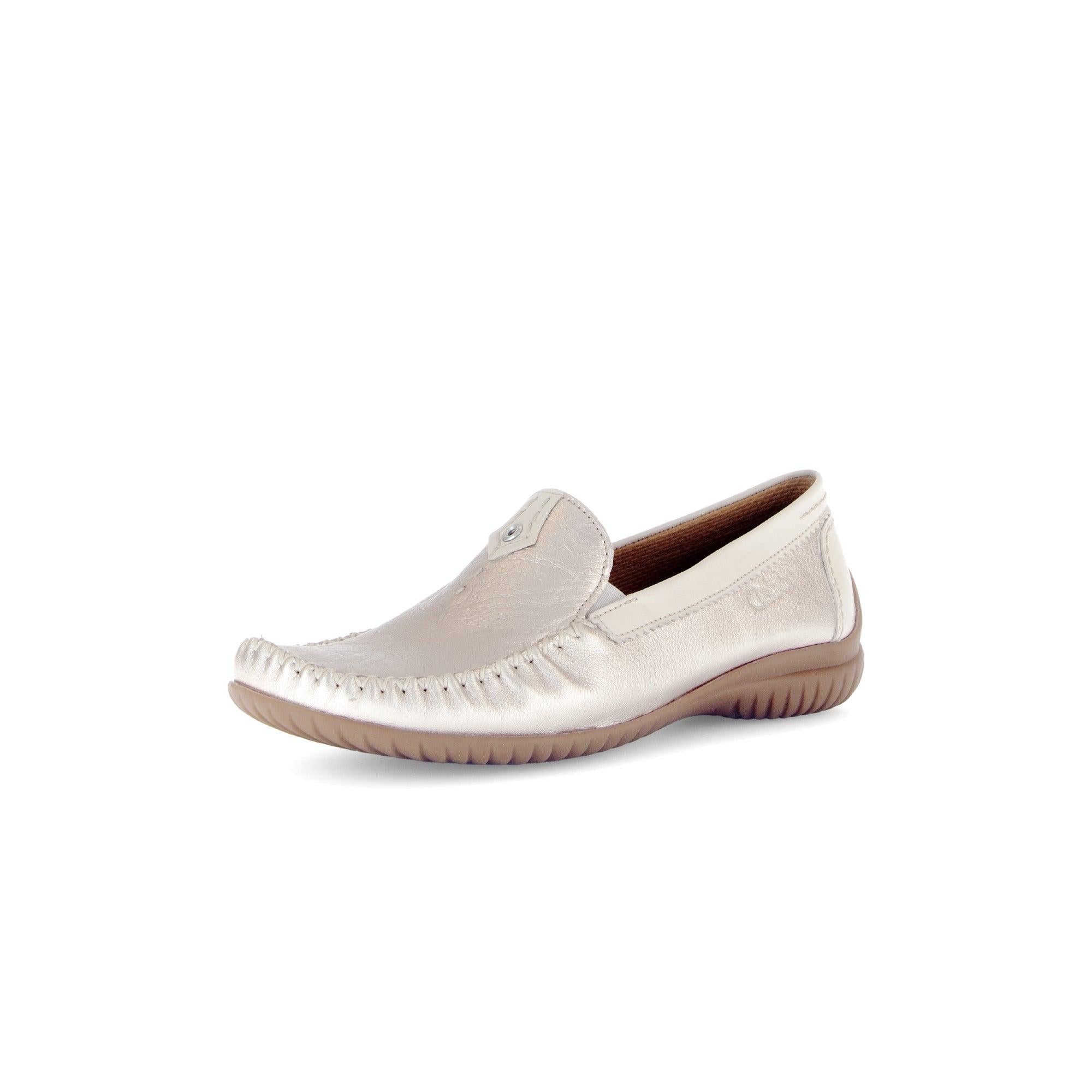 Gabor Ladies Beige Gold Leather Slip-On Shoes with rounded toe and comfortable sole.