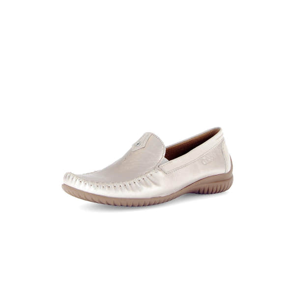 Gabor Ladies Beige Gold Leather Slip-On Shoes with rounded toe and comfortable sole.