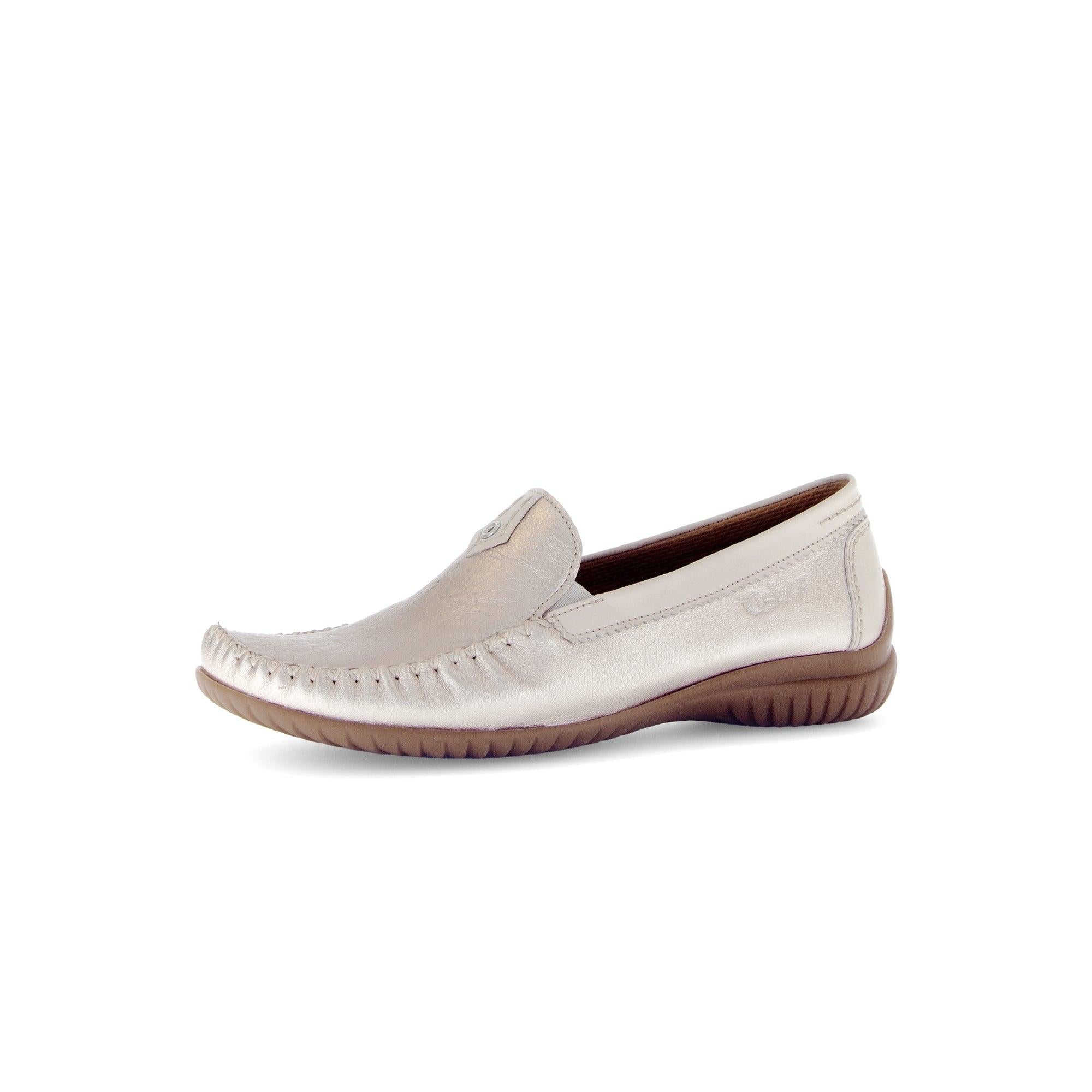 Gabor California Ladies Slip-On Shoes in beige leather with gold accents and rubber sole.