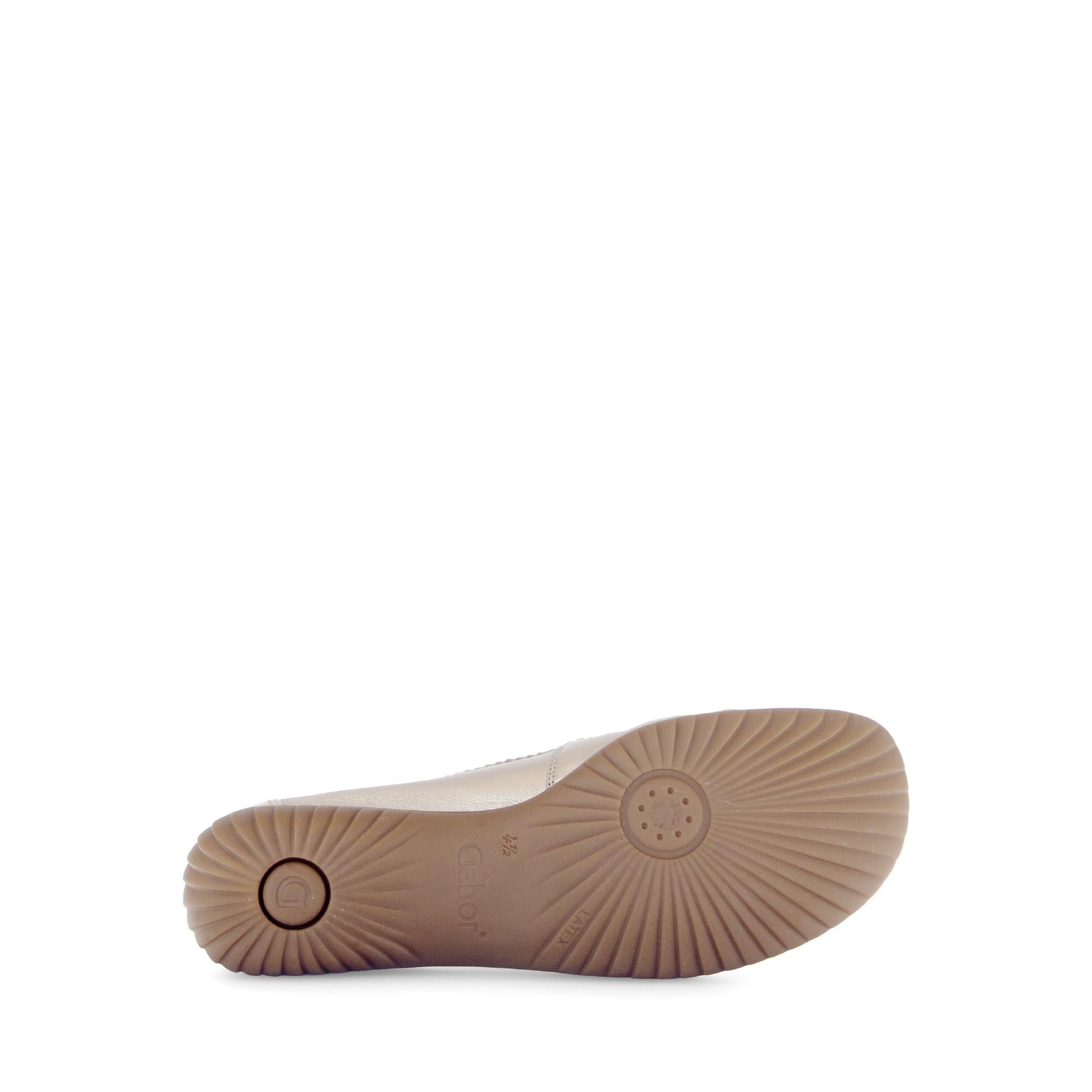 Gabor California Ladies Beige Gold Leather Slip-On Shoes with cushioned sole and slip-resistant rubber outsole.