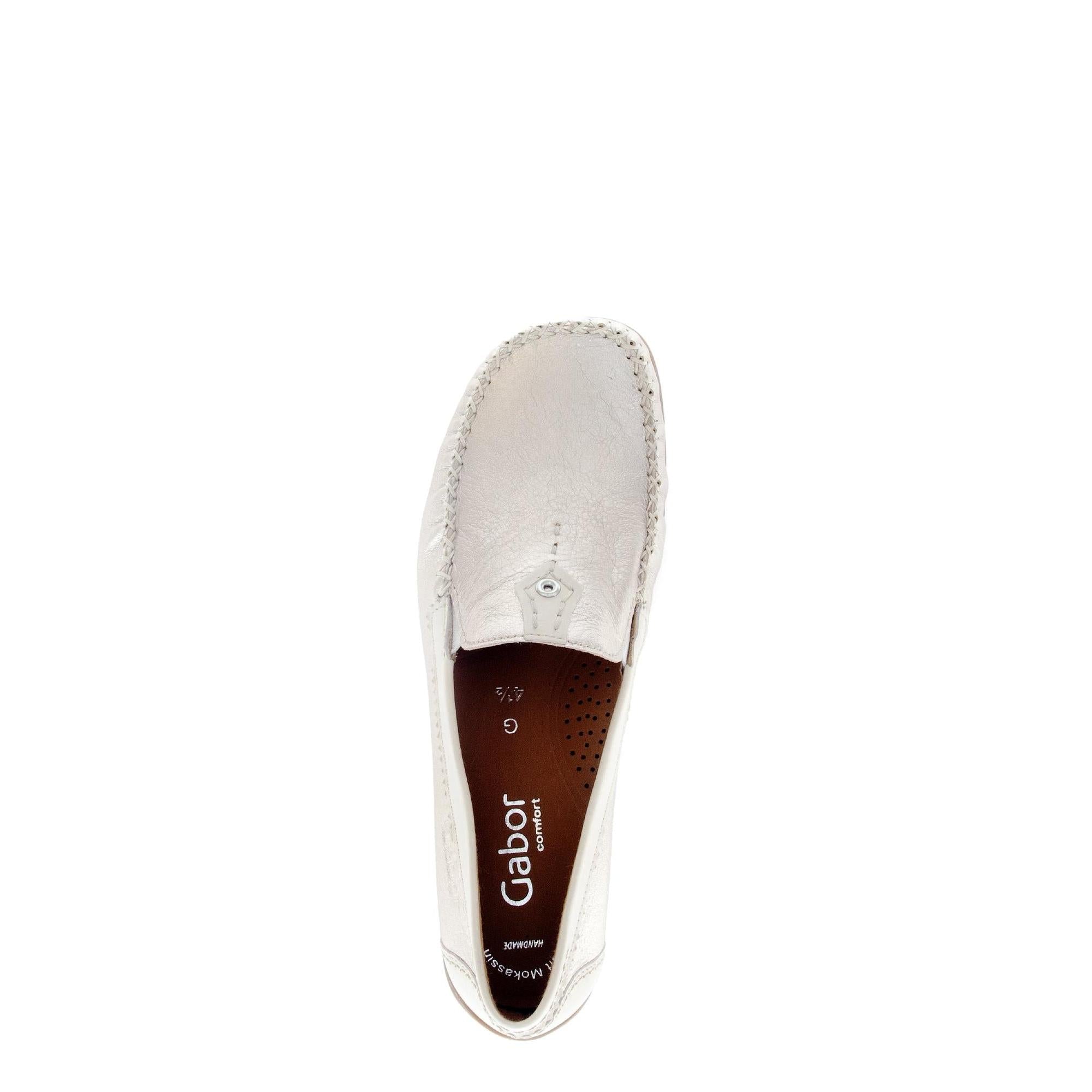 Gabor California Ladies beige gold leather slip-on shoes, moccasin style with stitched detailing and comfortable interior.